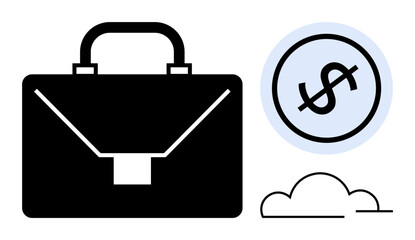 Black briefcase, dollar sign emblem in circle, abstract cloud outline. Ideal for business, finance, career development, investment, planning earnings economic growth. Flat simple metaphor