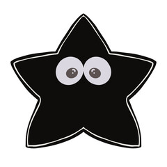 Cute minimalist cartoon illustration of a black starfish with big round eyes and a thin white outline, set on a black background. Perfect for kids’ designs, stickers, digital art, and fun marine-theme