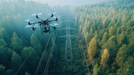 Naklejka premium Drone Flying Over Power Lines in Lush Green Forest Landscape