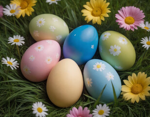 Uova pasquali colorate con colori pastello, adagiate su un prato
