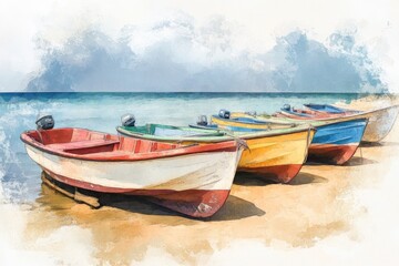 Naklejka premium Colorful boats resting on a sandy beach near the ocean