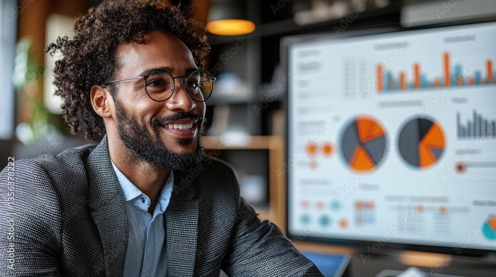 Poster smiling man with curly hair and glasses engaged with computer screen utilizing e-learning with real-