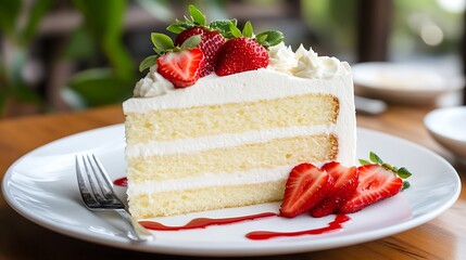 Delicious strawberry shortcake slice on a plate.