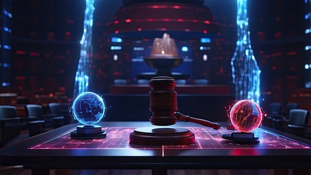 A judge's gavel is placed on a digitally rendered surface with glowing circuitry and binary code