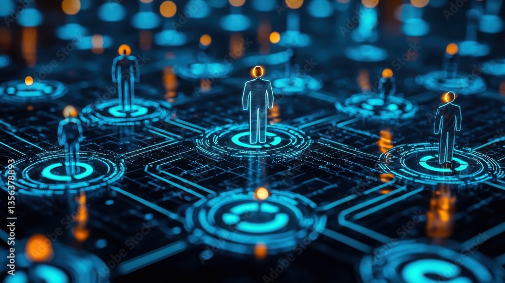 Poster intricate circuit board highlighting a blue light element signifying innovation and collaboration in