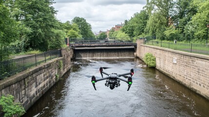Drone Flying Over River with Lush Greenery and Historic Bridge