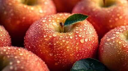 Freshly harvested red apples with dew droplets in a sunny orchard on a bright morning
