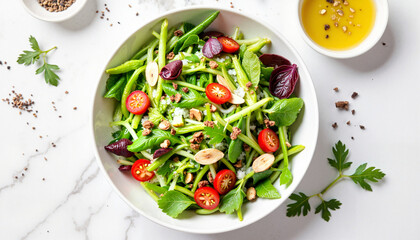 Artistic herbal salad presentation in soft light, fresh delight
