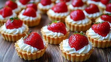 Delicious strawberry tarts with whipped cream on wooden table.
