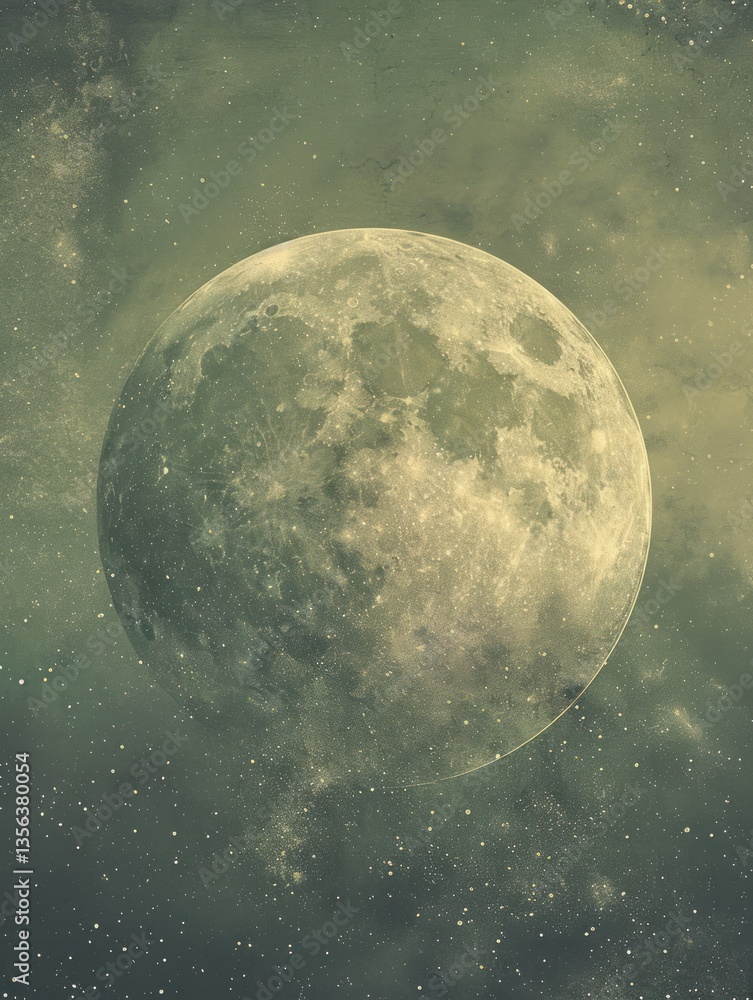 Poster large circular element representing a celestial body, the moon, with a soft gradient transitioning f