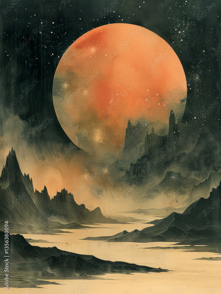 Poster large circular element representing a celestial body, the moon, with a soft gradient transitioning f