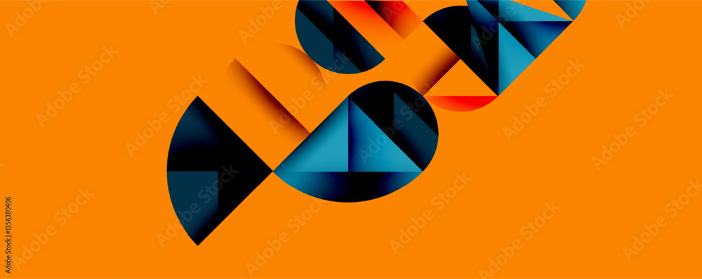 Poster Abstract geometric background with layered gradient shapes forming dynamic patterns. Overlapping semi circles and triangles create depth and contrast