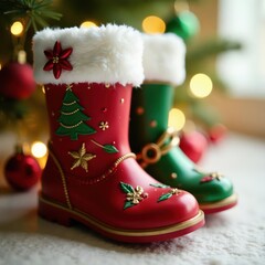 Close-up of decorated Christmas boots, red and green, snow, decor, candy