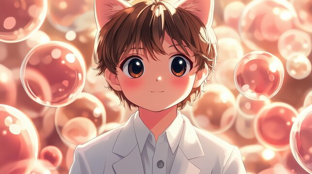 Anime boy with cat ears surrounded by bubbles