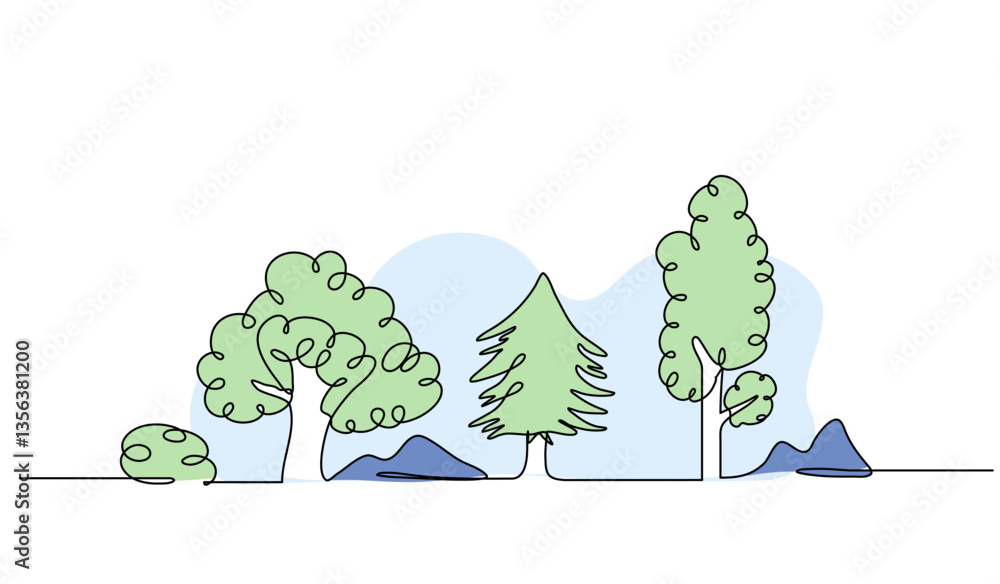 Poster vector illustration of trees and mountains. modern flat in continuous line style.