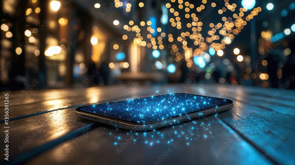 Poster a single cell phone resting on a table symbolizing mobile networking applications and modern communi