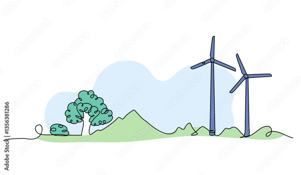 Poster vector illustration of wind turbines and trees. modern flat in continuous line style.