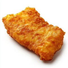 Golden brown fried fish fillet on white background.