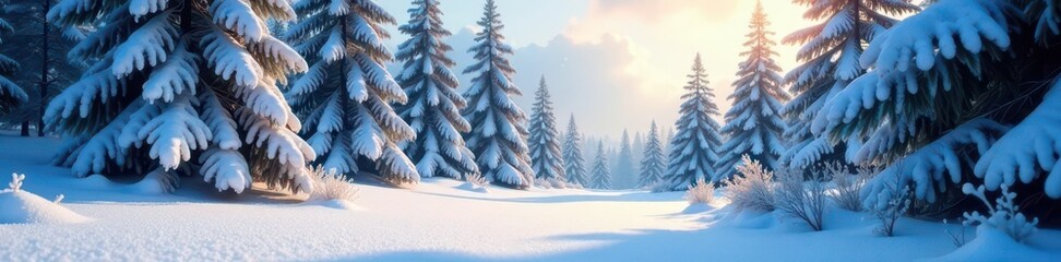 Fototapeta premium Deep winter scene, frosted pines, snowy ground, pine, picture