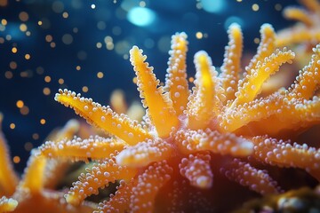 Fototapeta premium Numerous species live together, interact, and produce a harmonic blend of diversity and unity in coral reefs, which are a stunning example of the complex web of marine life. Generative Ai