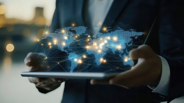Businessman holding a tablet with a global network and world map on the screen