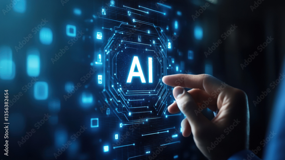 Poster businessman touching an ai icon with hologram text 