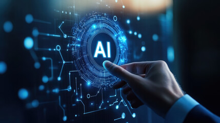 Businessman touching an AI icon with hologram text "AI" on a digital screen