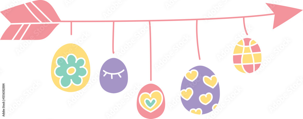 Poster boho groovy easter colorful easter eggs hanging from a string with an arrow design. in doodle flat c