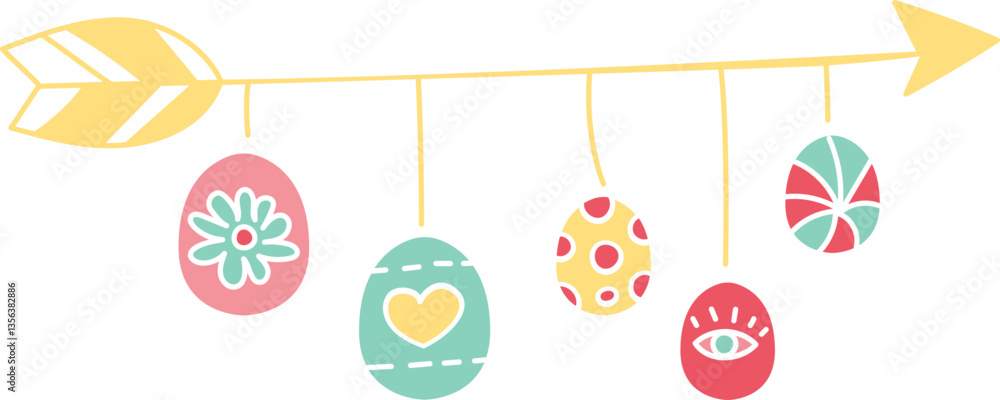 Poster boho groovy easter colorful hanging easter eggs with decorative patterns and an arrow. in doodle fla