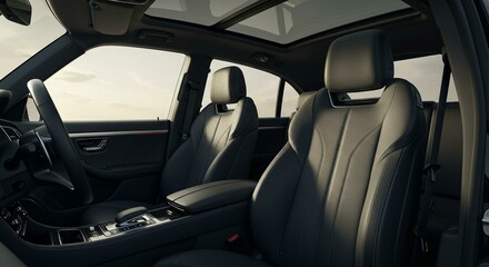Modern car interior with luxury leather seats and panoramic roof  