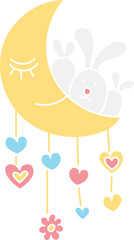 boho groovy easter Cute bunny on a crescent moon with colorful hearts hanging down. in doodle flat color style