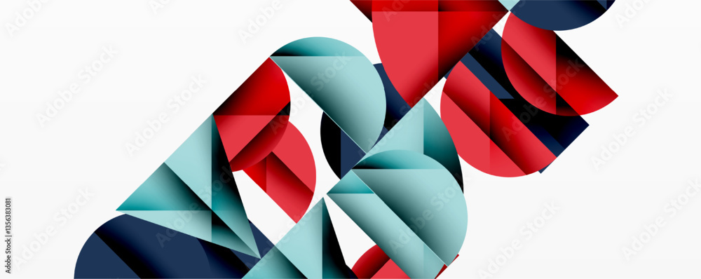 Poster Abstract geometric background with layered gradient shapes forming dynamic patterns. Overlapping semi circles and triangles create depth and contrast