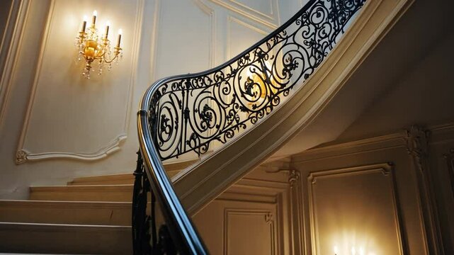 Elegant Staircase: A beautifully crafted staircase with ornate wrought iron railings and a classic design, leading upwards, complemented by soft lighting and detailed wall paneling.