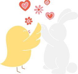 boho groovy easter Cute yellow bird and white bunny sharing love symbols in a playful scene. in doodle flat color style