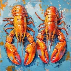 Two vibrant orange lobsters on a bright blue background, showcasing intricate textures.