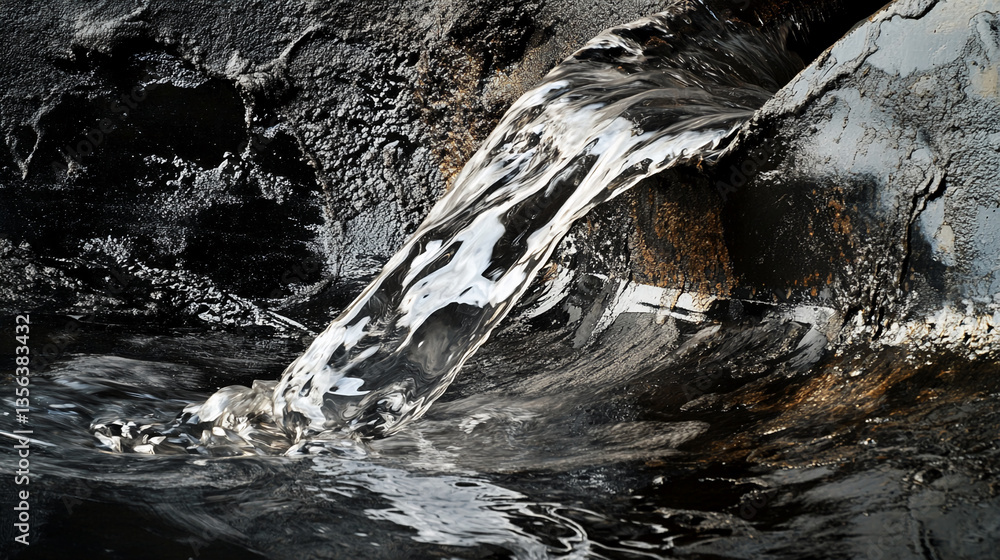 Poster clear water flows from a dark, textured surface, creating a dynamic contrast, symbolizing nature's p