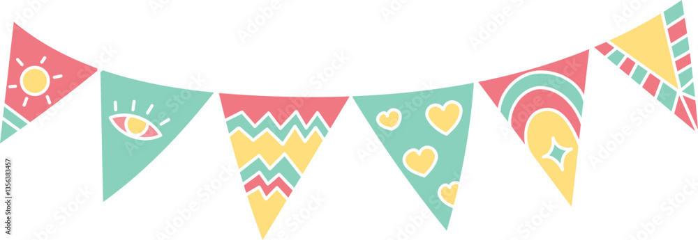 Poster boho groovy easter colorful decorative bunting with playful patterns and shapes. in doodle flat colo