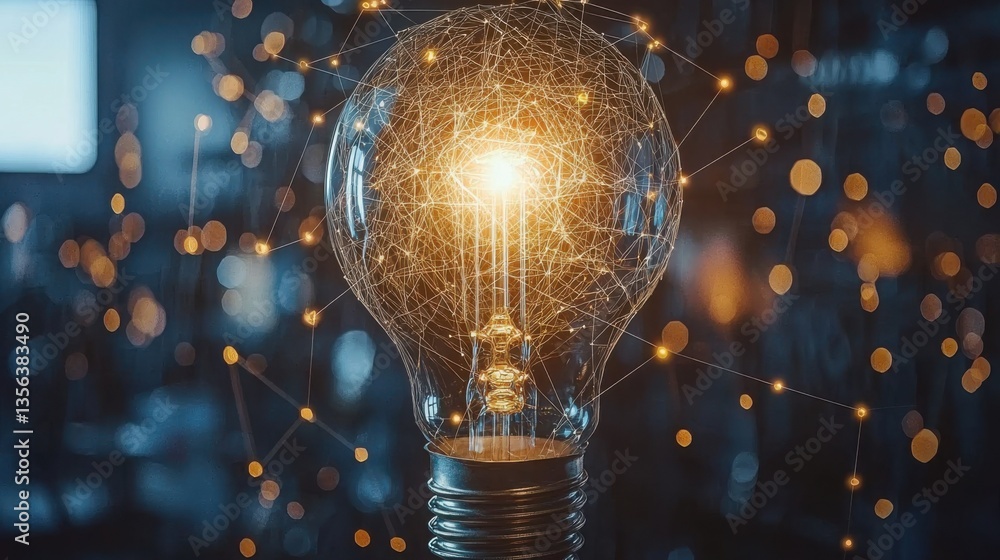 Poster a light bulb connected by a network of dots illustrating the concept of smart technology and digital