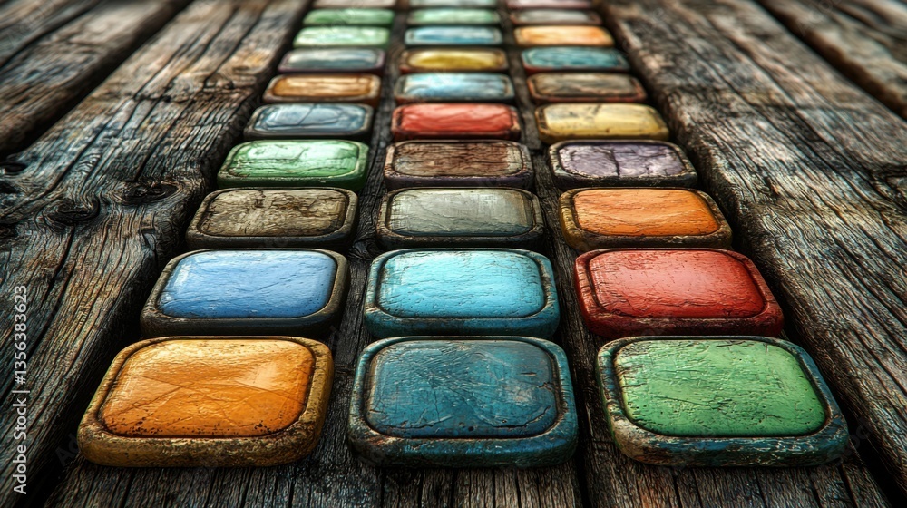 Poster a rustic wooden table displaying an array of colorful paints representing creativity and social medi