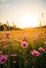 Obraz premium Pink wildflowers bloom in a sunlit field at dawn, sunrise field, blooming, sun