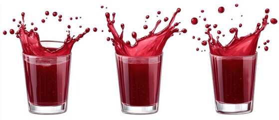 Three Glasses of Refreshing Red Juice Splashing on White Background Capturing Motion and Vibrant Color in a Clean Composition