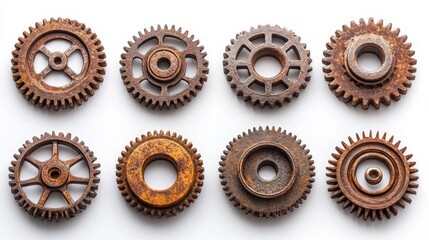 Eight Rusty Gears on White Background Showing Industrial Heritage and Mechanical Precision with Top Down View and Studio Lighting