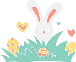 boho groovy easter Easter bunny with eggs and hearts in colorful grass. in doodle flat color style