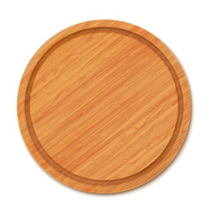 Wooden pizza and cutting board front view. Tray of round shape, natural, eco-friendly kitchen utensils made of wood isolated on white background, realistic 3d vector illustration
