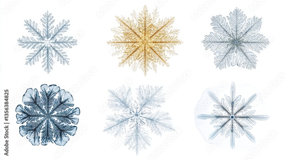 Poster six delicate snowflakes on white background capturing winter's beauty with intricate details and uni