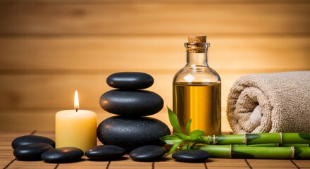 A relaxing spa composition features stones oil and a candle