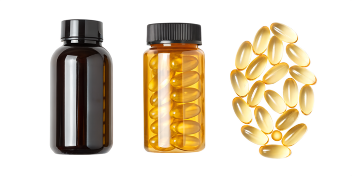 Fish Oil Capsules in Three Different Styles on White - Omega-3 Capsules, Healthy Supplement, Fish Oil Pills, Cut Out