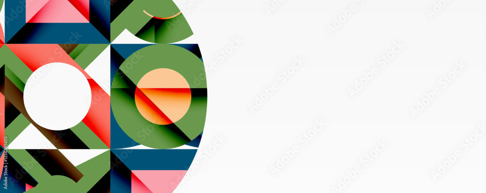 Poster Abstract geometric composition with interlocking circular and angular shapes, featuring smooth gradients and sharp contrasts on a white background