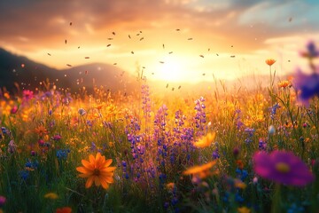 Naklejka premium The summer meadow is a riot of color throughout the sun-drenched months, with a symphony of buzzing insects adding harmony to the scene. Generative Ai