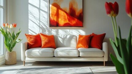 Cozy interior with bright sofa and vibrant tulips creating a warm atmosphere in a sunlit room